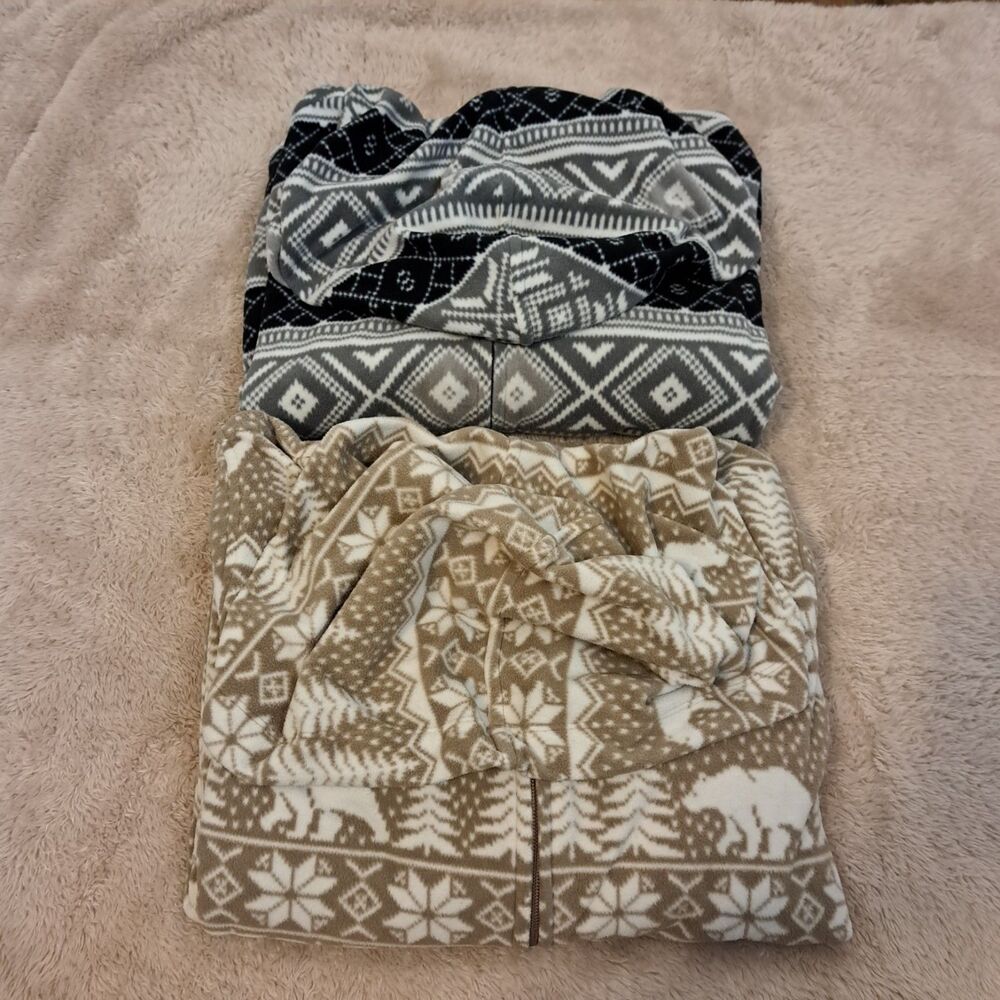 Lot 2 Old Navy Microfleece Hooded One-Piece Pajamas XL Black Brown Fair Isle
